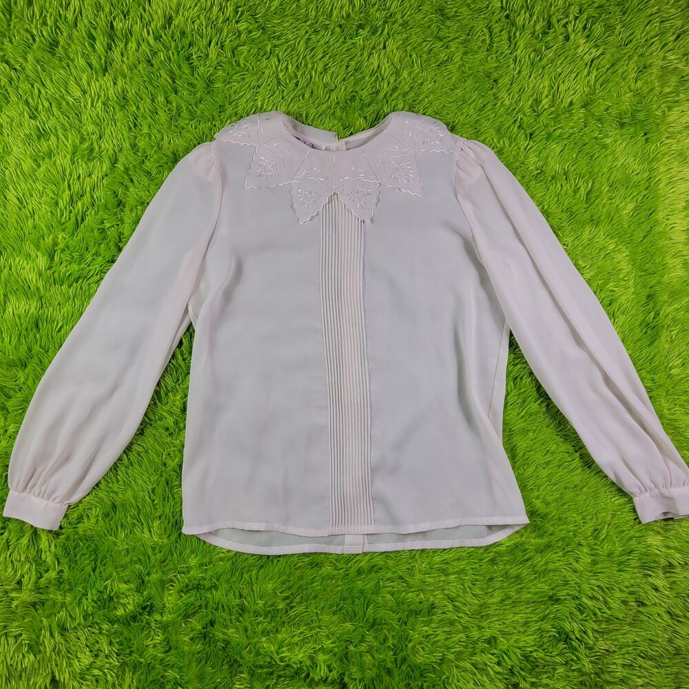Vintage 70s 80s Sheer White Blouse with Lace Collar, 12